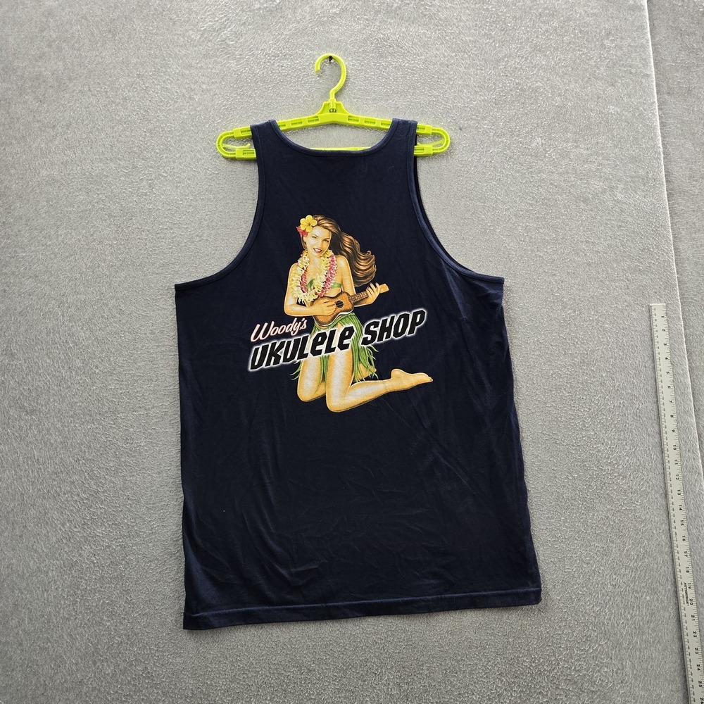 VINTAGE Woody's Longboards Men Tank Top X-LARGE Navy Graphic Hula Girl